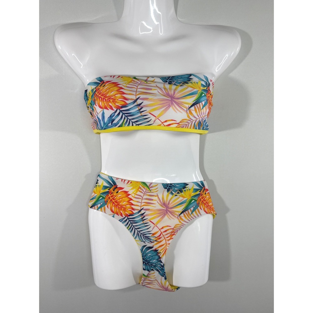 Joe Boxer Women Yellow Tropical Reversible Bandeau Bikini Set High Waist L NWT